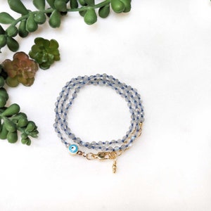 Dainty Labradorite Gemstone Necklace: Hand Knotted with Evil Eye Charm