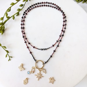 Red Garnet Gemstone Long Necklace: Pave CZ Charm, Birthstone Jewelry