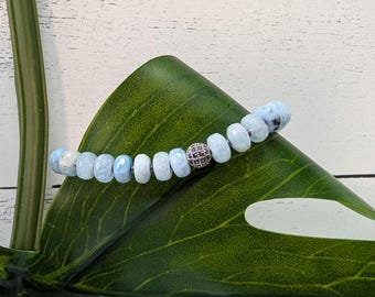 Aquamarine Gemstone Bracelet: Pave CZ Bead, March Birthstone