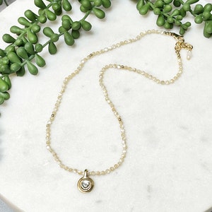 Mother of Pearl Beaded Necklace: Gold Heart Pendant, Handmade Jewelry