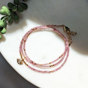 Pink Tourmaline Wrap Bracelet: Gemstone Evil Eye Charm Necklace