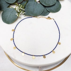 Lapis Lazuli Choker Necklace: Gold Coin Charms, Handmade Jewelry
