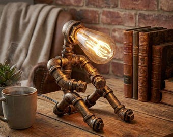 Robot Table Lamp - Thinking Man Retro Industrial Steampunk Rustic Iron Water Pipe Lamp - Ideal Home Gift Ideas - Bedside