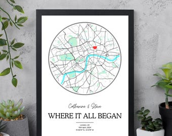 Framed Where We Met - Our First Home Gift -  Personalised Map Location Print - Unique Gift Ideas For Valentines, Anniversary, Birthdays