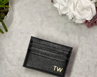Personalised Black Genuine Leather Card Holder | Gold Engraved Initials | Credit Card Holder | Valentines Gift For Him | | Groomsmen Gift