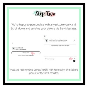 Pu&ograve; includere: Una guida con il testo "Step Two" che spiega come personalizzare un prodotto con una foto tramite Etsy Message. Include screenshot dell'interfaccia di messaggistica e consiglia di utilizzare foto ad alta risoluzione.