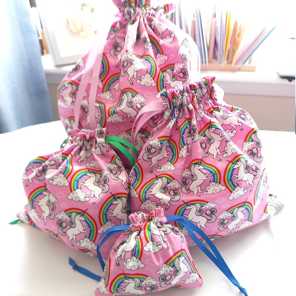 Fabric Gift Bag Handmade from a Beautiful Unicorn and Rainbow Fabric