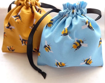 Fabric Gift Bag Handmade in a Lovely Bumble Bee Fabric in a classic mustard and sky blue colours