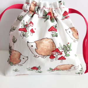 Fabric Gift Bag Handmade from an Adorable Hedgehog Fabric with a Drawstring Tie