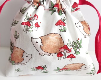 Fabric Gift Bag Handmade from an Adorable Hedgehog Fabric with a Drawstring Tie