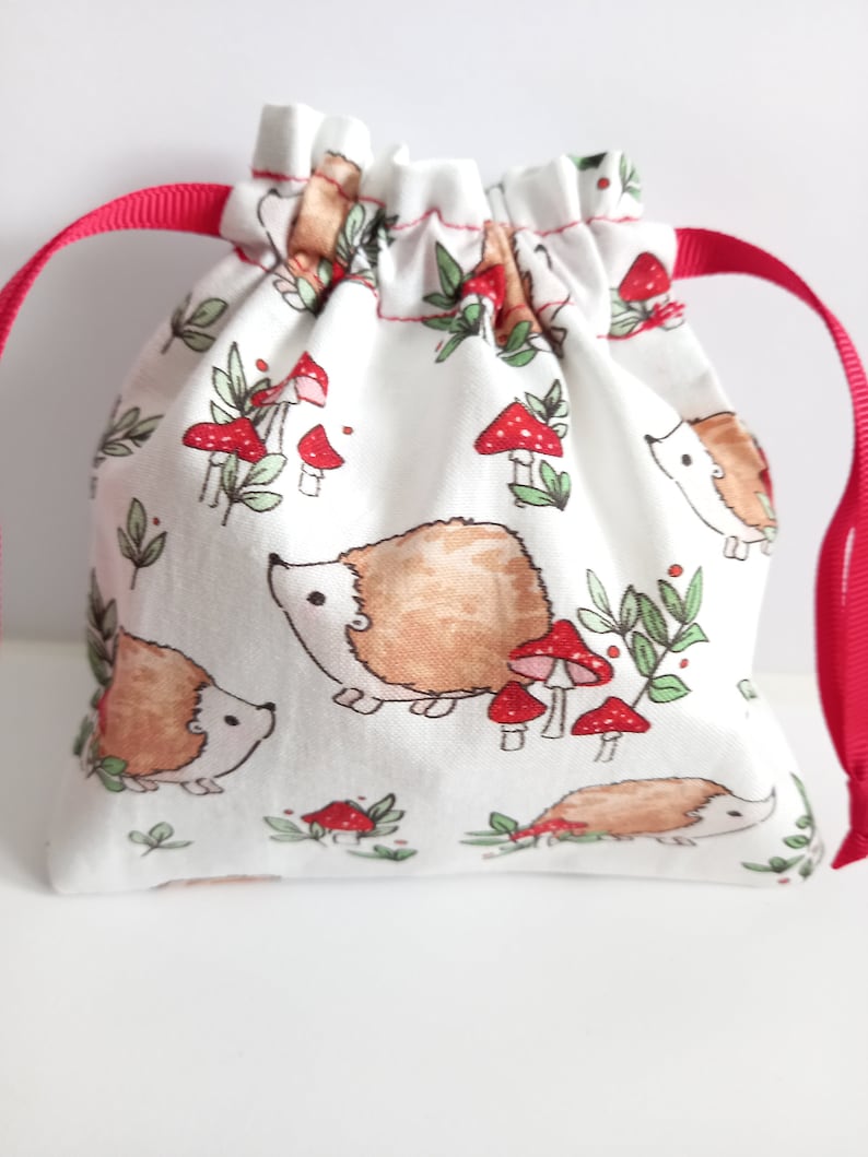 Fabric Gift Bag Handmade from an Adorable Hedgehog Fabric with a Drawstring Tie image 1