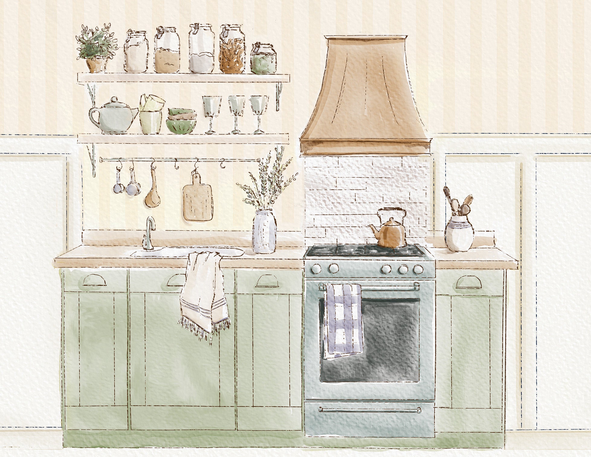 Dollhouse Wallpaper 1/12 Scale Watercolor Handdrawn Yellow Kitchen ...