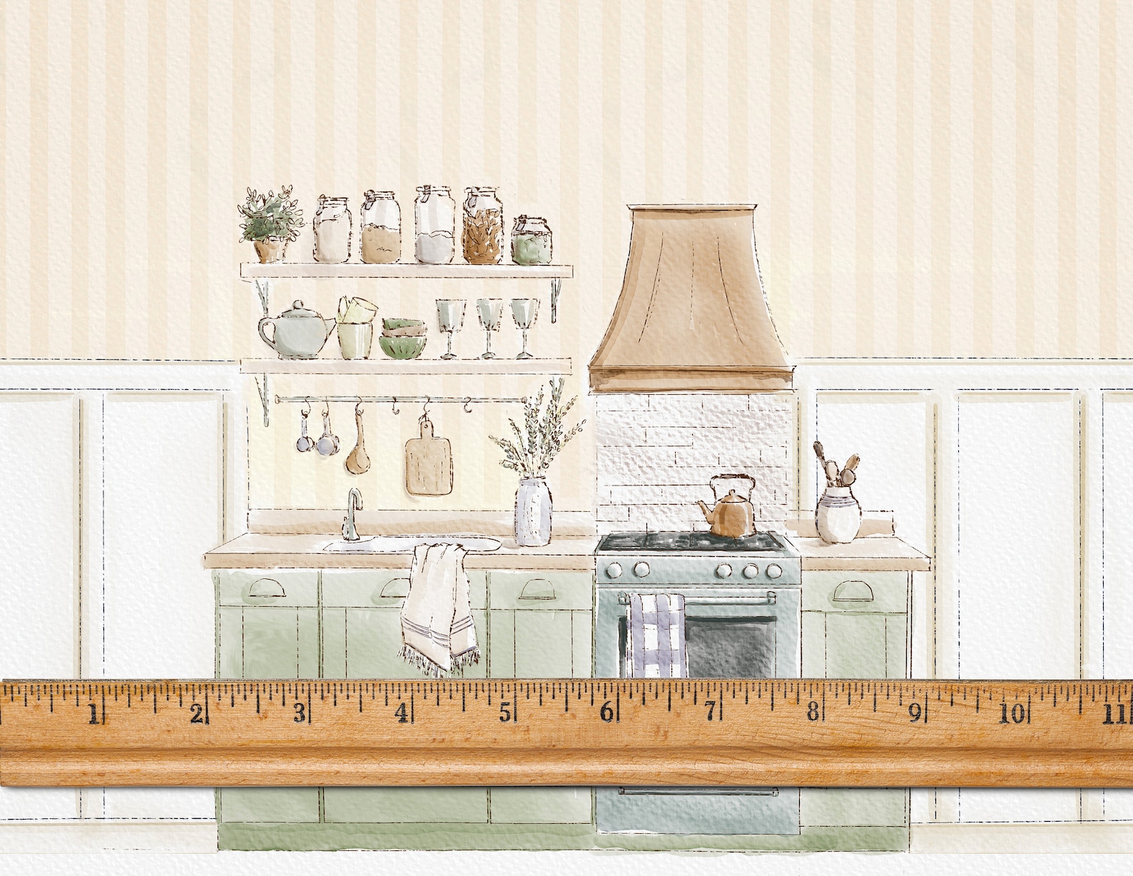 Dollhouse Wallpaper 1/12 Scale Watercolor Handdrawn Yellow Kitchen ...