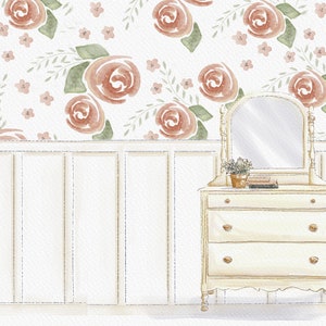 Dollhouse Wallpaper 1/12 scale Watercolor Pink Flower Dresser Printable Download 8.5 x 11 and 11 x 17 digital sheet farmhouse miniature