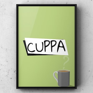 May include: A green poster with the word "CUPPA" written in black on a white rectangle. A grey mug with steam coming out of it is in the bottom right corner.