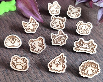 Wood pins Kawai Animals - laser engraved wood badges, cute animals