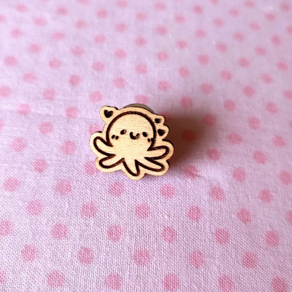 Pins bois Poulpe - badge en bois gravé, découpé au laser, mignon, kawai