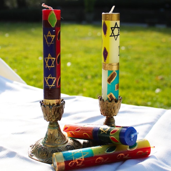 Handpainted Multicolored Artisanal Shabbat Candles - Geometric Design Shabbos Candles - Beautiful Handmade Artisan Shabbat Candles Gift