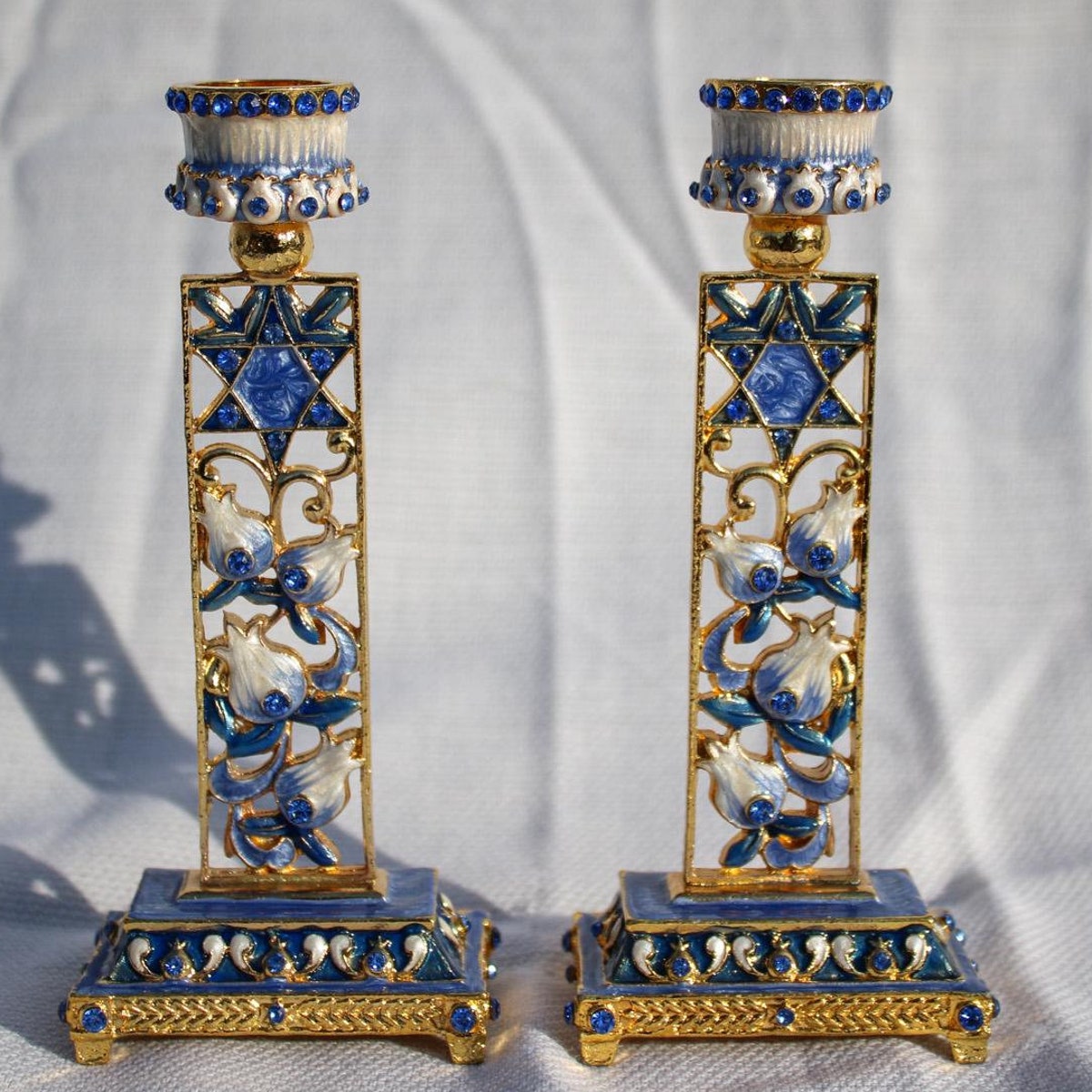 Handpainted Shabbat Candlesticks Pair Blue Star of David and Floral - Pewter & Enamel - 5 1/2 Inches - Etsy