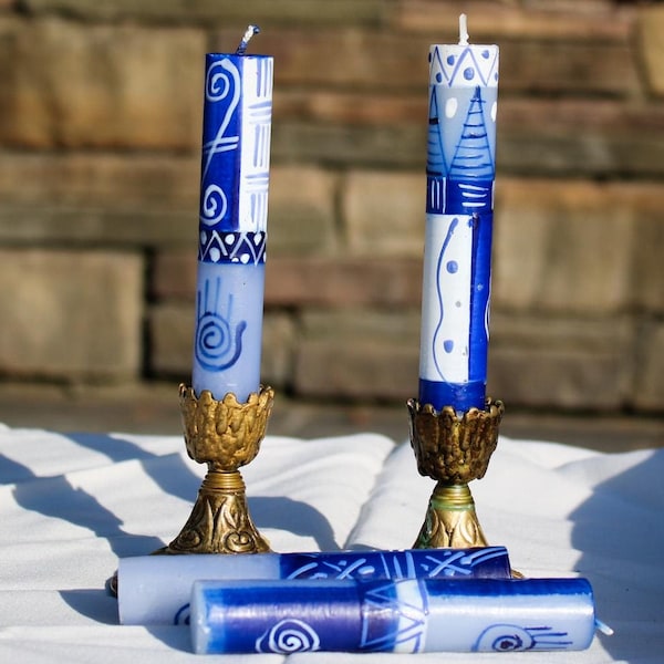 Handpainted Hamsa Blue & White Artisanal Shabbat Candles - Geometric Design Shabbat Candles - Handmade Artisan Shabbat Candles