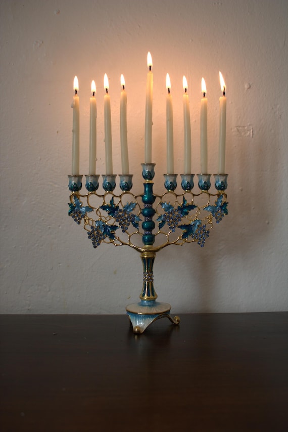 Handpainted Hanukkiah Menorah - Grapes and Vines - Pewter & Enamel - 7 1/2 Inches