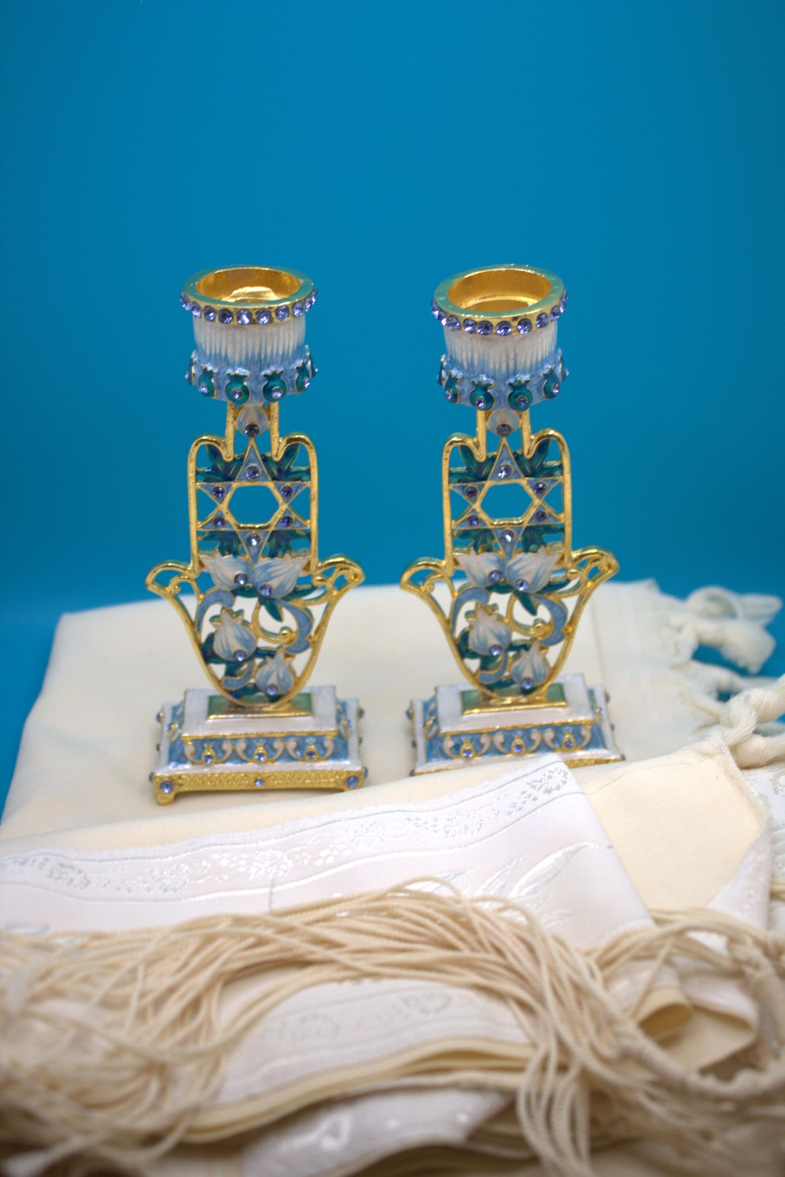 Pair Handpainted Hamsa Shabbat Candlesticks Blue Hamsa and Floral - Pewter & Enamel - 5 1/2 Inches