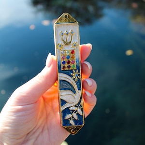 Handpainted Bird and Olive Mezuzah Case - 5" - Pewter & Enamel - Jewish Gift Jewish Home Decor - Jewish Blessing Protection