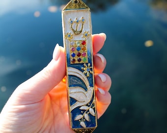 Handpainted Bird and Olive Mezuzah Case - 5" - Pewter & Enamel - Jewish Gift Jewish Home Decor - Jewish Blessing Protection