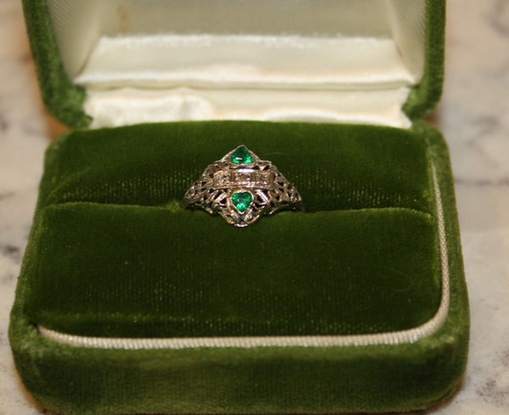 18KT Gold Art Deco Diamond Ring with Green Glass … - image 6