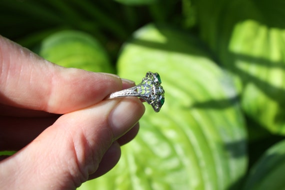 18KT Gold Art Deco Diamond Ring with Green Glass … - image 2