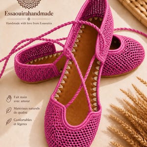 May include: Bright pink woven flats with crisscross laces. The shoes have a brown insole and are handmade. The image includes the text "Essaouirahandmade" and "Handmade with love from Essaouira".