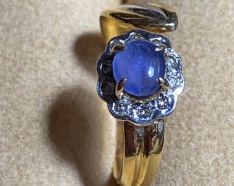 0.79 Ct Unheated Burmese Sapphire and  Natural Diamonds Ring in 18K Solid Yellow Gold September Birthstone Gift for her.
