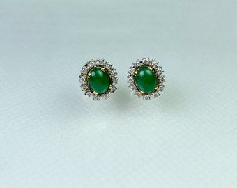 Grade A Jade Stud Earrings, Burmese Natural Jadeite Jade with Natural Diamond 18 K Solid Gold ,Earrings Gift for her.