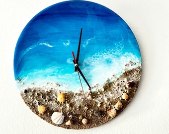 Resin Ocean Clock, Modern Beach Wall Art (D 11.6 in)
