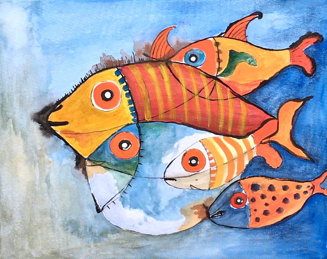 魚の群れ、キャンバスに描かれたアクリルのオリジナル絵画、抽象的な魚