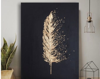 Gold Feather Texture Painting, Minimalist Mixed Media Wall Art