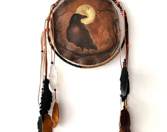 Leather Crow Dreamcatcher, Rustic Boho Wall Decor