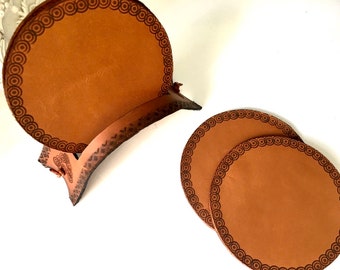 Handmade Leather Coaster Set with Holder, Bar Decor