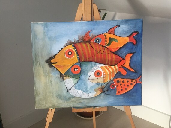 魚の群れ、キャンバスに描かれたアクリルのオリジナル絵画、抽象的な魚