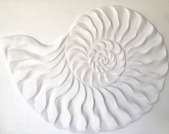 Ammonit, Muschel, Basrelief, Skulptur Ozean-Wand-Kunst, Beschaffenheits-weiße Malerei, Originalkunstwerk, für Wohnzimmer, Tafel-3D-Wandbild