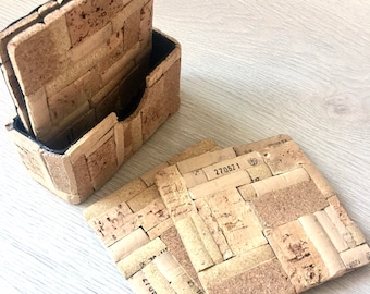Recycled Wine Cork Coasters, Set of 4 with Holder, Bar Decor