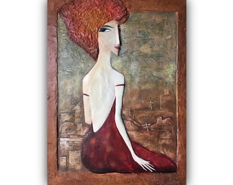 Textured Woman Bas-Relief Painting, 3D Plaster Mural, Handmade
