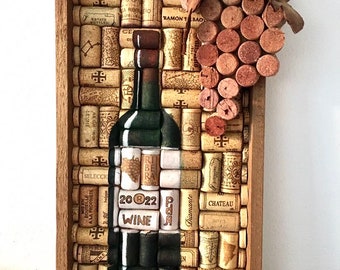 Decoración de pared con corchos de vino, diseño de uvas y botella, decoración de bar.
