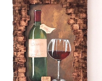 Recycled Wine Cork Wall Art, Acrylic Mixed Media Painting