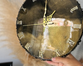 Black and Gold Resin Epoxy Clock, Modern Wall Art (11.6 in)