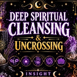 May include: A black background graphic featuring the text DEEP SPIRITUAL CLEANSING & UNCROSSING and INSIGHT. Elements include a black candle with an eye symbol, a sage bundle, purple crystals, a smoking bowl, and five circular icons.
