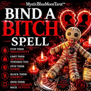 May include: A beige burlap voodoo doll wrapped in red string with pins, positioned near red candles and a glass bottle labeled Return to Sender 10 Fold. The background features text reading Bind a Bitch Spell, Mystic BluuMoonTarot, and a broken heart.