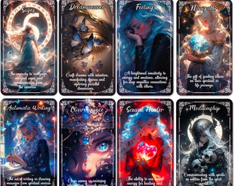 May include: A set of 12 tarot cards with colorful illustrations of women and mystical imagery. Each card features a title and a description of the card's meaning. The cards are designed for divination and spiritual exploration.