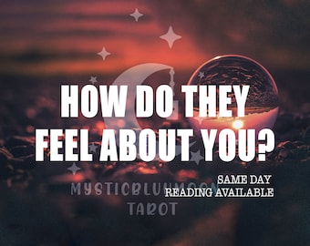 May include: A crystal ball with a sunset reflected inside, against a red and orange sky with stars. The text "HOW DO THEY FEEL ABOUT YOU?" is written in white letters on a dark background. The text "MYSTICBLU MOON TAROT" and "SAME DAY READING AVAILABLE" is also visible.