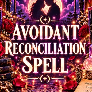 Op de afbeelding: Een digitale afbeelding met de titel AVOIDANT RECONCILIATION SPELL met een gloeiende volle maan, een koppel, zwarte kaarsen met gouden maansymbolen, rode rozen, gestapelde boeken met HEAL, LOVE, REUNITE, een gouden sleutel en een briefje met DISTANCE FADES LOVE RETURNS.